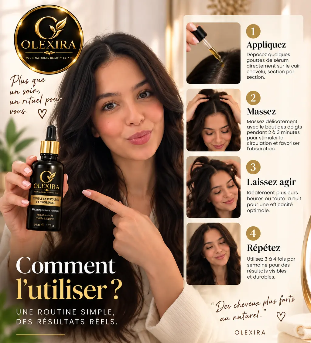 Mode d’emploi du sérum anti-chute OLEXIRA sur le cuir chevelu